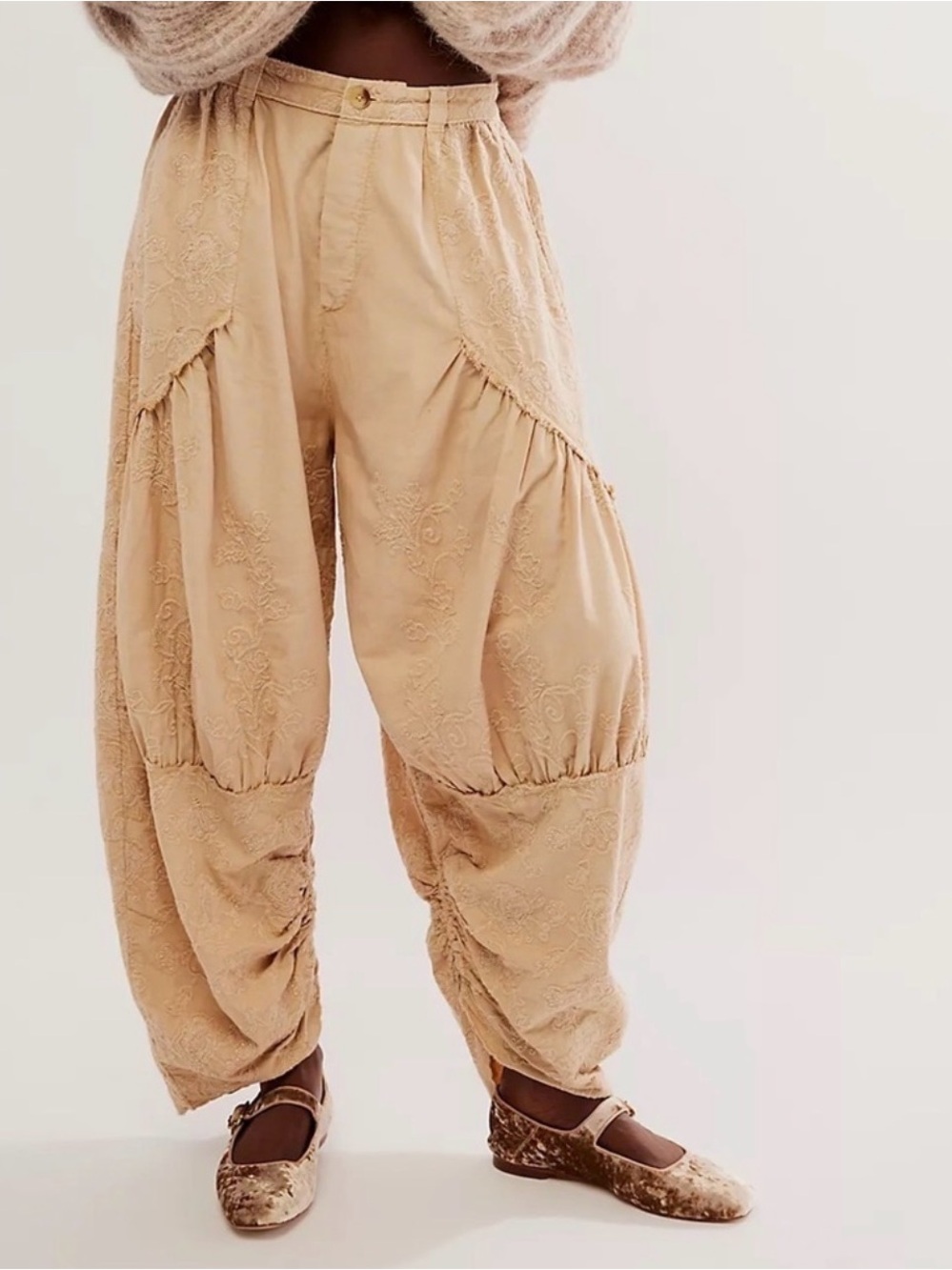 Free People Beige Embroidered Balloon Pants